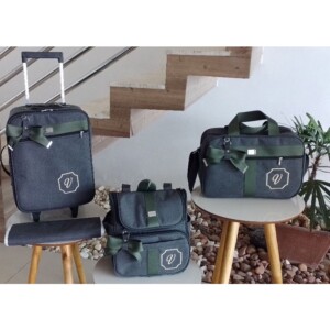 kit bolsa maternidade com mala de rodinha e mochila 2 em um preto com faixa verde escuro
