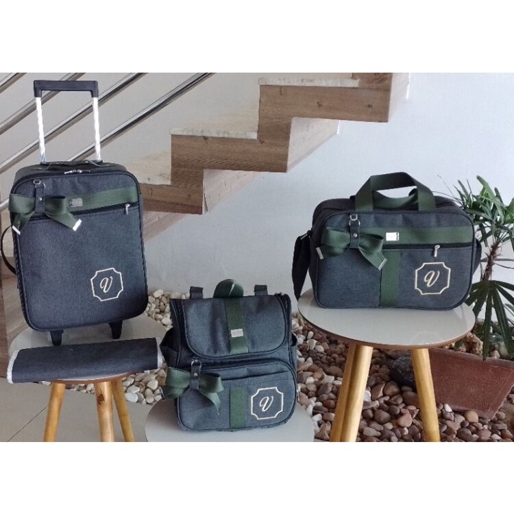 kit bolsa maternidade com mala de rodinha e mochila 2 em um preto com faixa verde escuro