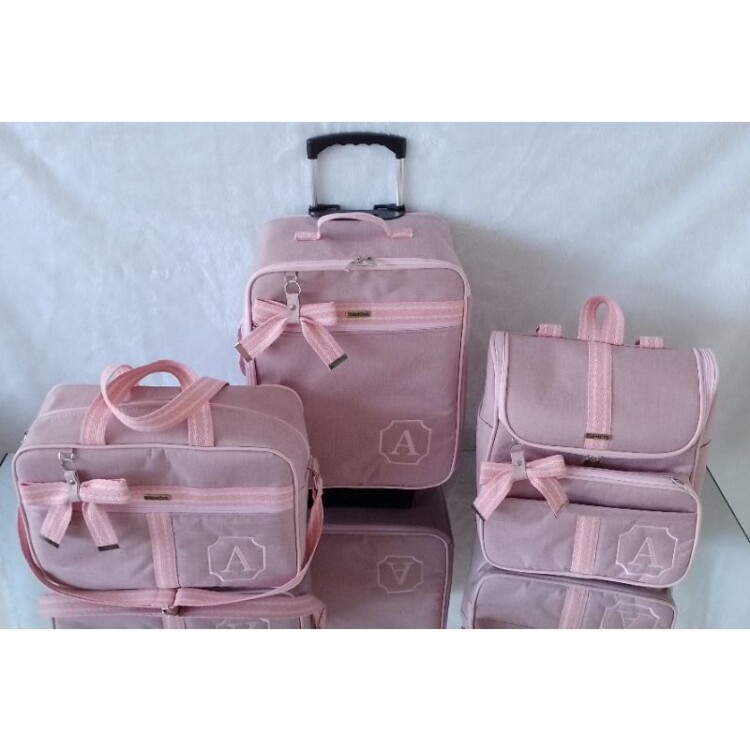 kit bolsa maternidade 4 peças rodinha mochila 2 em 1 e bolsa trocador rosa com faixa rosa listrada