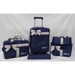 kit bolsa maternidade com mala de rodinha e mochila 2 em um azul marinho com faixa cinza com branco