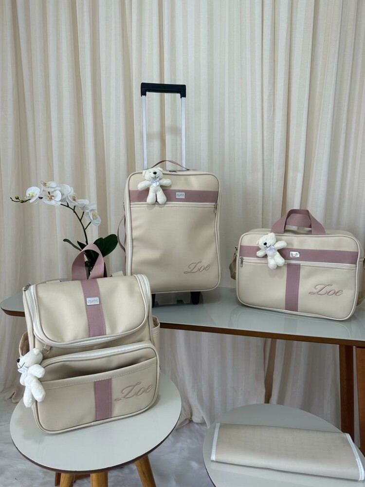 kit bolsa maternidade com mala de rodinha e mochila 2 em 1 bege com faixa rose