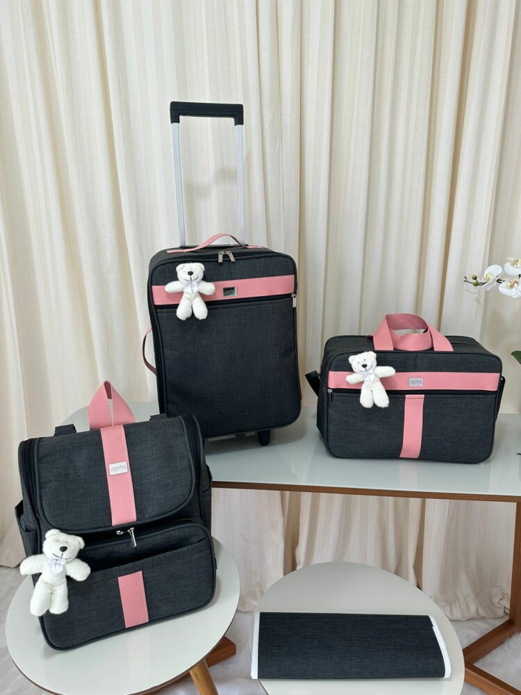 kit bolsa maternidade com mala de rodinha e mochila 2 em um preto com faixa rosa