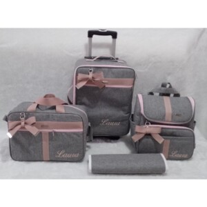 kit bolsa maternidade com mala de rodinha e mochila 2 em um cinza com faixa rosê