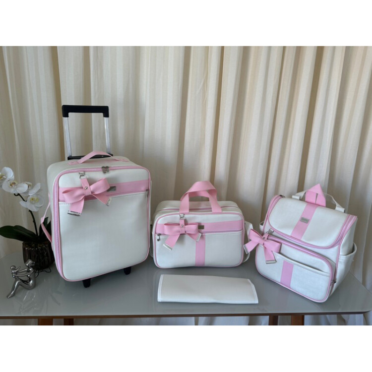 kit bolsa maternidade com mala de rodinha e mochila 2 em um pérola com faixa rosa bebê