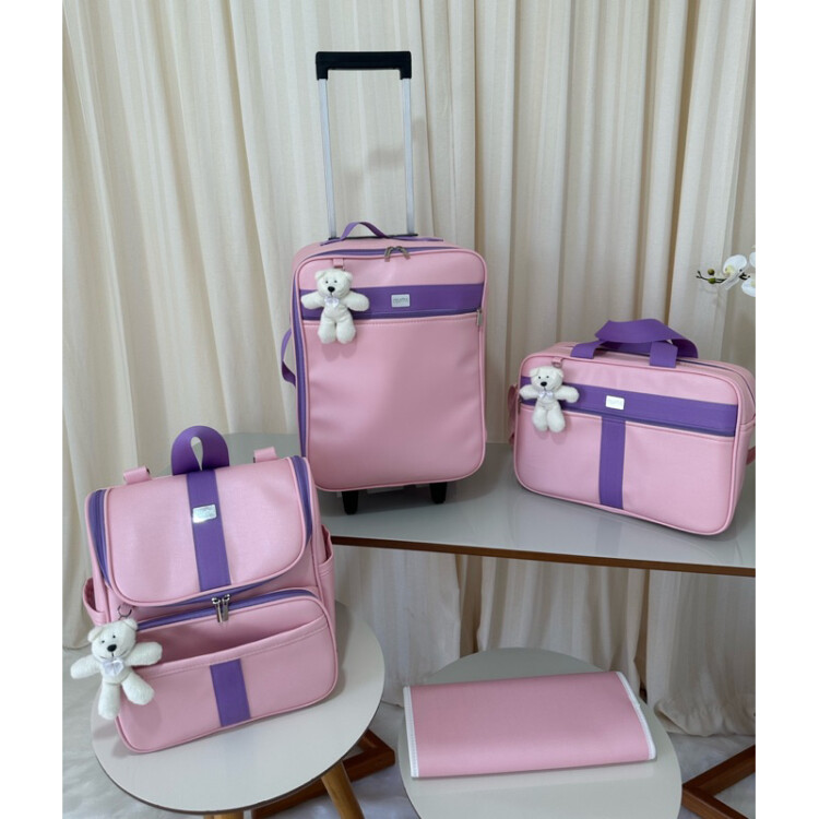 kit bolsa maternidade com mala de rodinha e mochila 2 em um rosa bebê com faixa lilás
