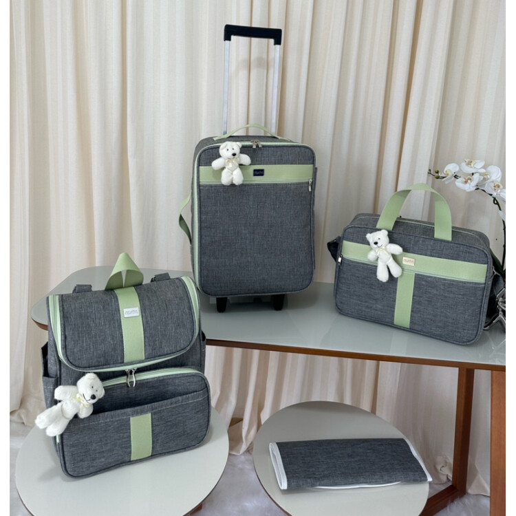 kit bolsa maternidade com mala de rodinha e mochila 2 em um cinza com faixa verde claro